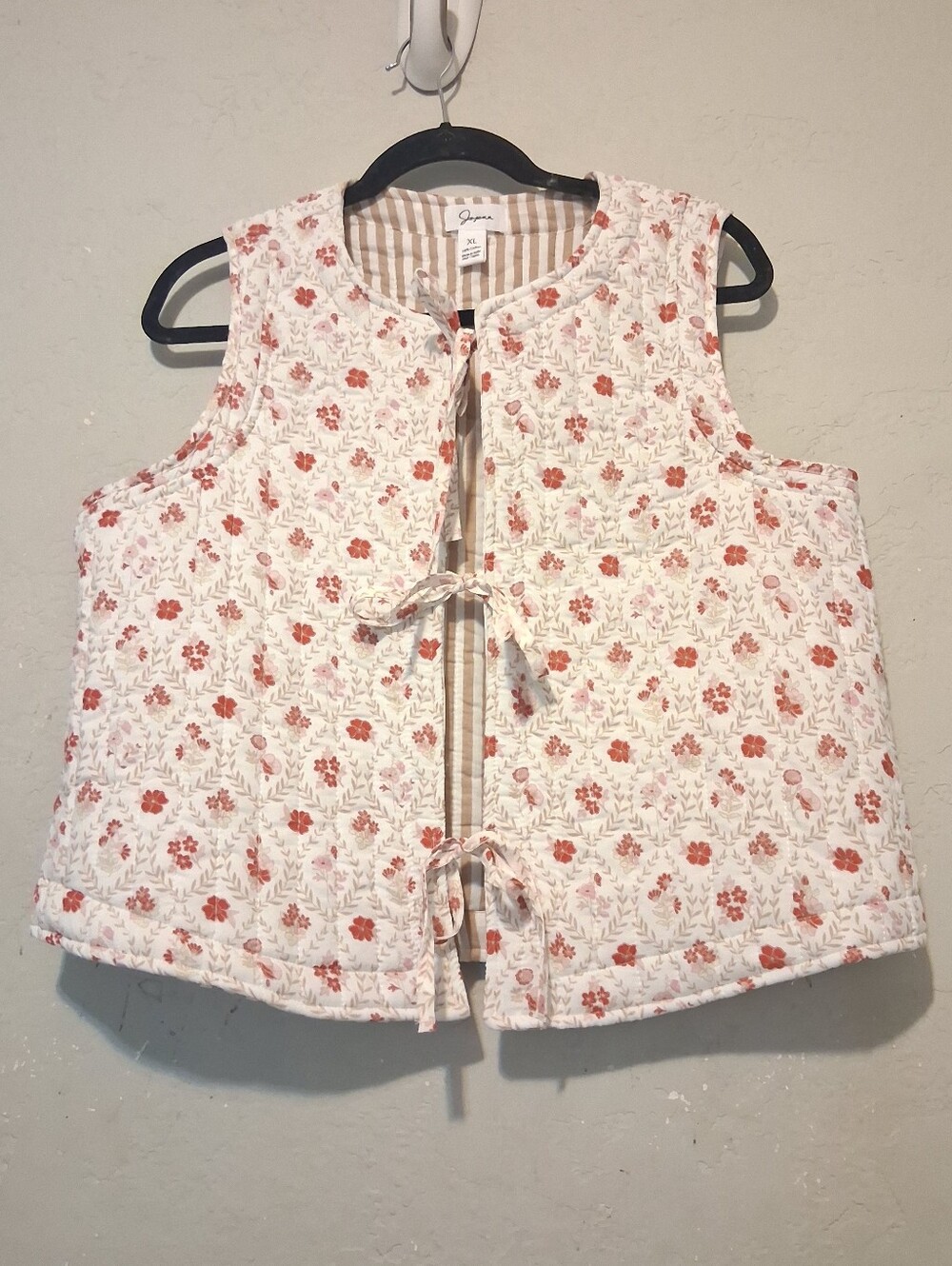 Japna Floral Quilted Shabby Vest Tie Front SzXL Pink-White Cottagecore Bohemian